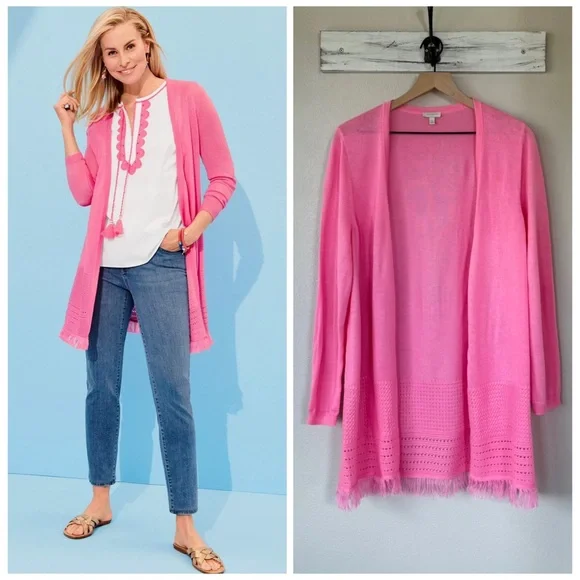 TALBOTS XL Textured Fringe Cardigan in Hot Pink • Open Front Spring Lightweight - Picture 1 of 10